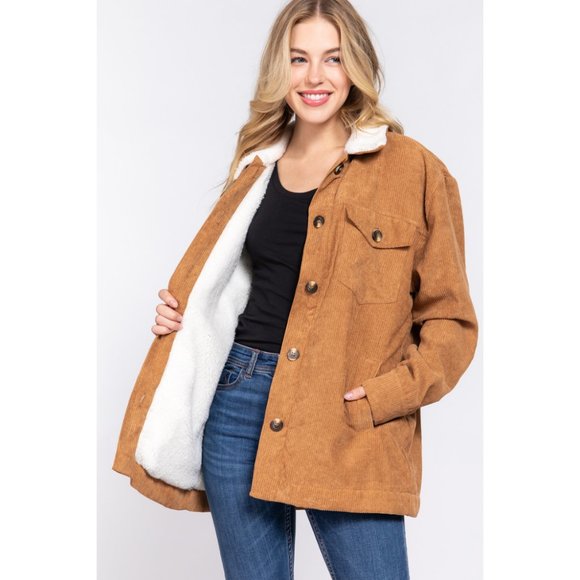 Camel Long Sleeve Inside Faux Fur with Pocket Corduroy Sherpa Jacket NWT - Picture 2 of 7